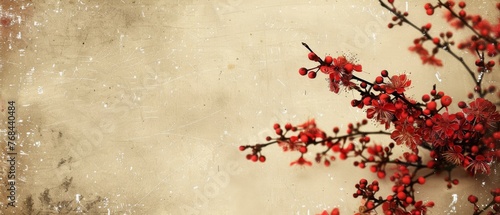   A close-up of a red flower on a branch against a grungy wall background © Jevjenijs