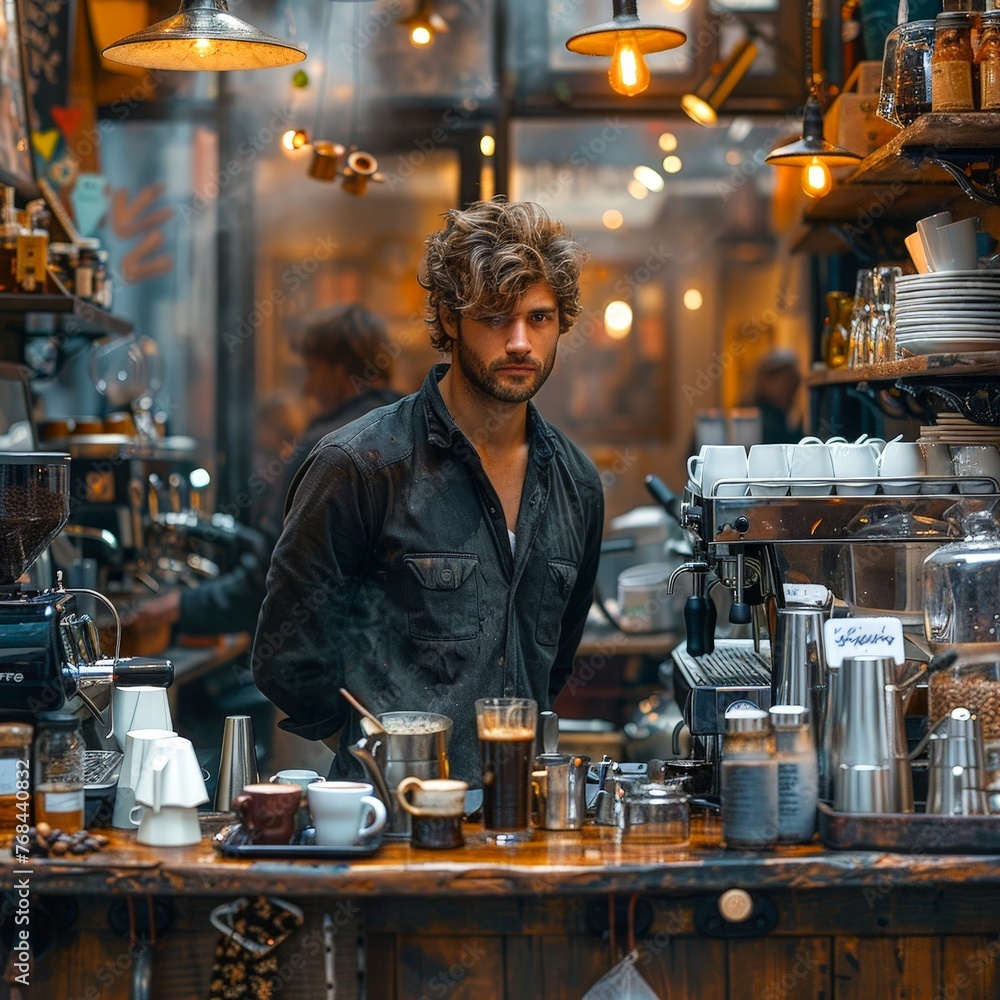 Barista in a retro aesthetic coffee shop - obrazy, fototapety, plakaty 