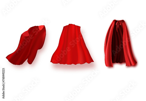 Superhero red cape in different positions, front, side and back view on white background.