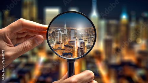 Businessman Realtor Inspecting City With Magnifying Glass