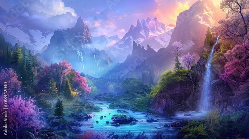 Adventure and discovery in uncharted lands and untamed wilderness, fantasy scene with vivid colors. © Postproduction