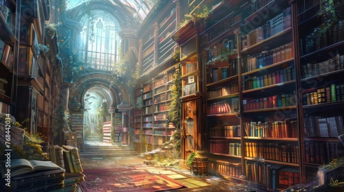 Explore ancient library with dusty tomes and crumbling scrolls in fantasy.