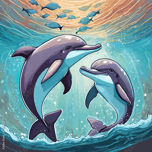 물 속에서 수영하는 귀여운 돌고래들