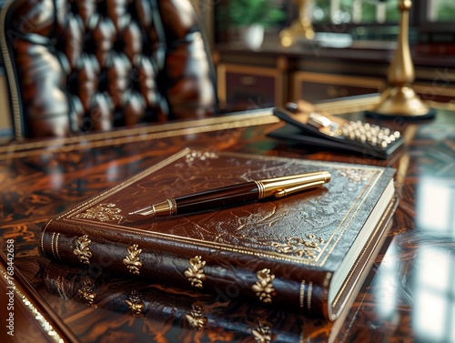 Closeup of a luxury executive pen and leatherbound planner on a polished mahogany desk, symbolizing corporate planning and success , vray