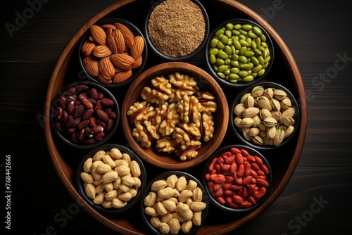 Assorted nuts on wooden background, top view healthy snack and food choice for nut lovers