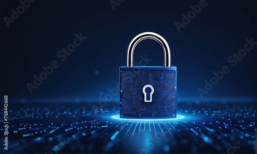 A digital padlock symbolizing robust cybersecurity measures for computing systems, set against a dark gold and blue background, conveying the importance of fraud prevention, privacy protection.