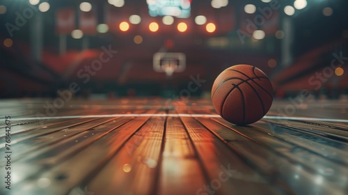 Close up basketball on wooden court floor with blurred arena in background photo