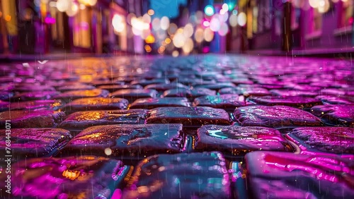 macro closeup of colorful vibrant and cobblestone street with blurred background. seamless looping overlay 4k virtual video animation background photo