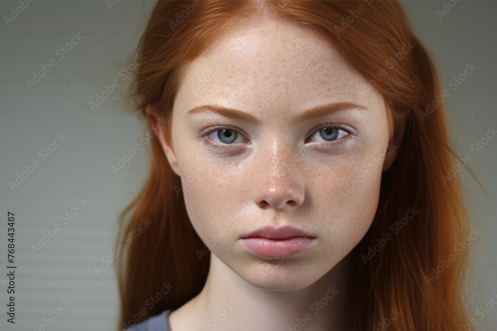 Enchanting Red-Haired Woman with Delicate Freckles in a Captivating Close-up Portrait Enchanting Red-Haired Woman with Delicate Freckles in a Captivating Close-up Portrait