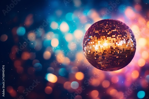 Golden disco ball on sparkling festive background with copy space for party