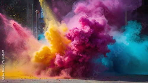 a dynamic and vibrant image capturing the explosive energy of colored powder against a backdrop  each particle suspended in motion  evoking the festive spirit and joyous chaos of a Holi celebration.