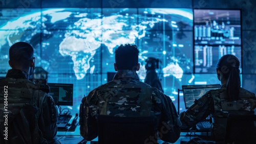 Teams of military surveillance personnel lock onto targets on vehicles from satellites and track them on large displays.