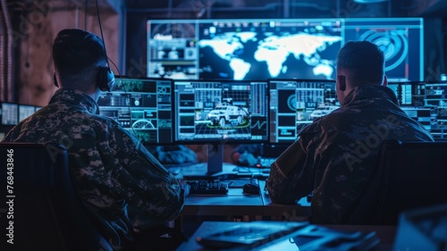 Teams of military surveillance personnel lock onto targets on vehicles from satellites and track them on large displays.