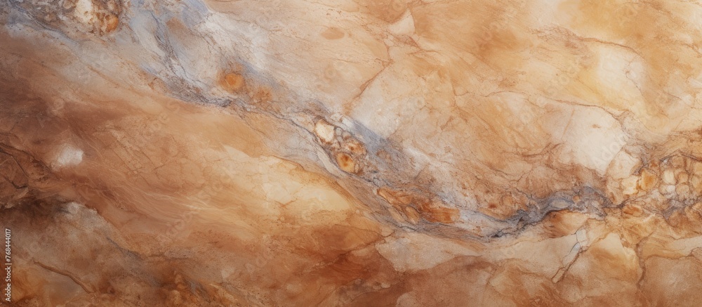 This closeup showcases the intricate pattern of a brown and white marble texture, resembling the natural beauty of a hardwood tree with a peach tint