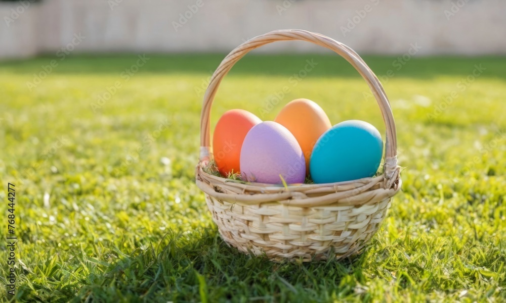 Colorful background of Easter eggs in a basket