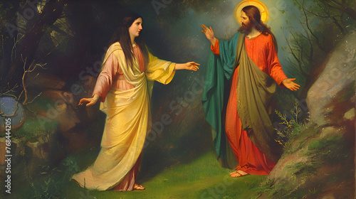 Mary magdalene with jesus after resurrection in the Memorial tomb, easter concept photo