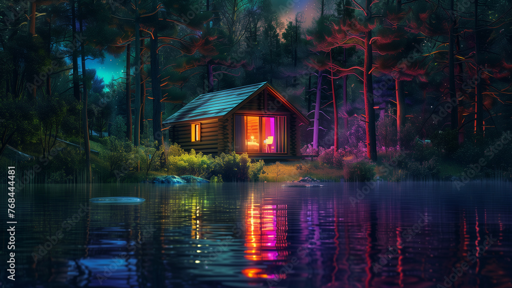 Fototapeta premium Vibrant Vision: Rainbow Reflections and a Cabin in the Woods