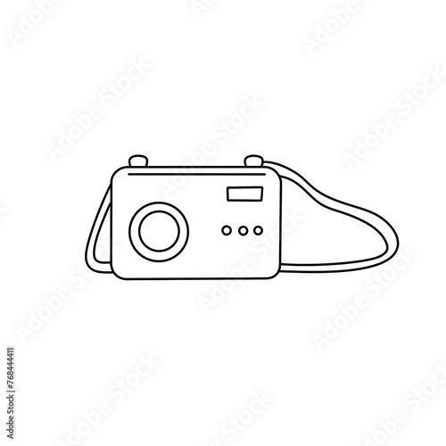 A camera is shown in a black and white drawing. The camera is a small, compact device that is used to capture images. The camera is held by a strap, which is attached to the camera body