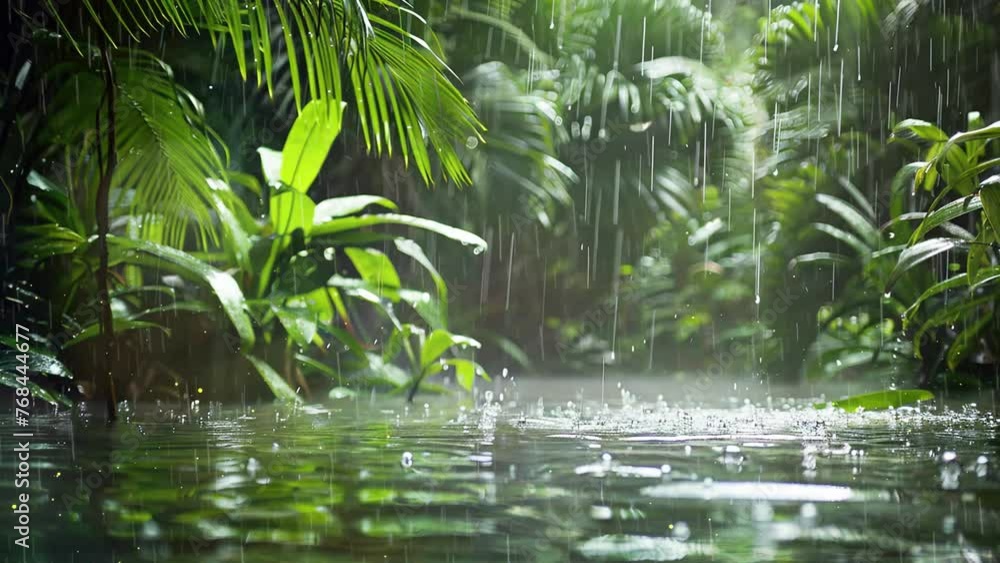 rainy in a forest with river. tropical rain in the water. seamless looping overlay 4k virtual video animation background rainy in a forest with river. tropical rain in the water. seamless looping overlay 4k virtual video animation background