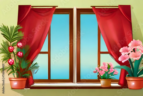 flowers on window sill. view  wedding  curtains  frame  design  decoration  wood  wooden  Ai generated 
