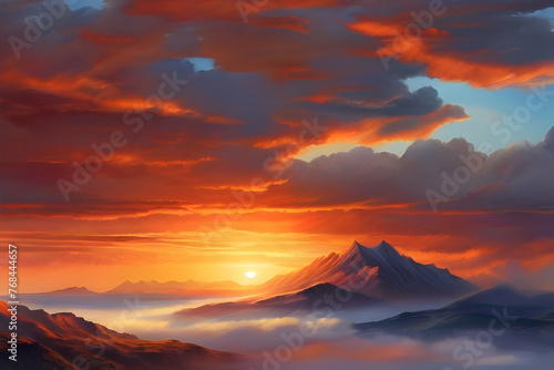 sunrise over the mountains sunset, sky, sunrise, clouds, mountain, landscape, nature, mountains, sun, red, orange, cloud, dusk,Ai generated 