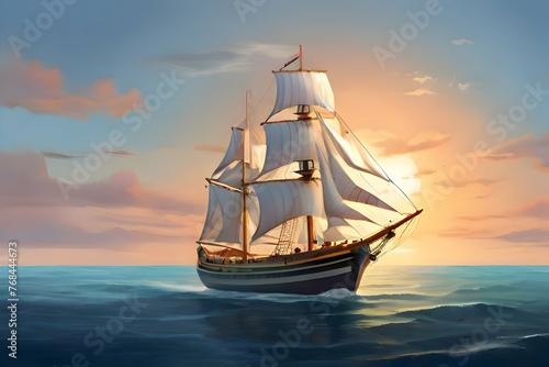 ship in the sea ship, boat, sea, sail, sailing, sailboat, ocean, water, yacht, sunset, pirate, vessel, travel, nautical,Ai generated 