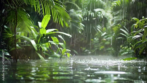 rainy in a forest with river.  tropical rain in the water. seamless looping overlay 4k virtual video animation background photo