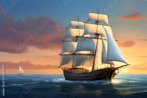 sailing ship in the sunset sea, sail, sailing, sailboat, water, ocean, yacht, sunset, vessel, pirate,Ai generated 