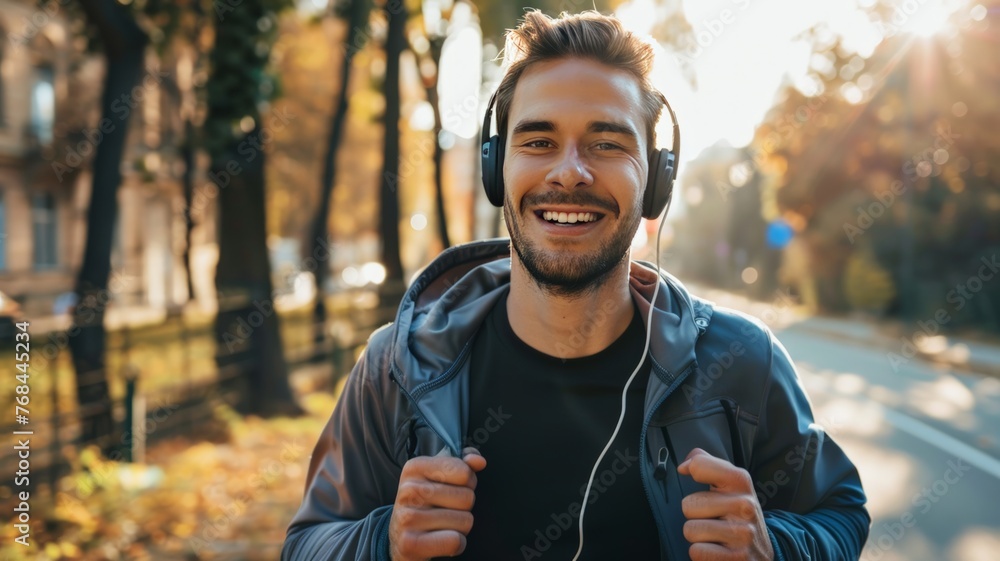 Obraz premium Smiling young white man doing morning jog in city wearing headphones. World Running Day.