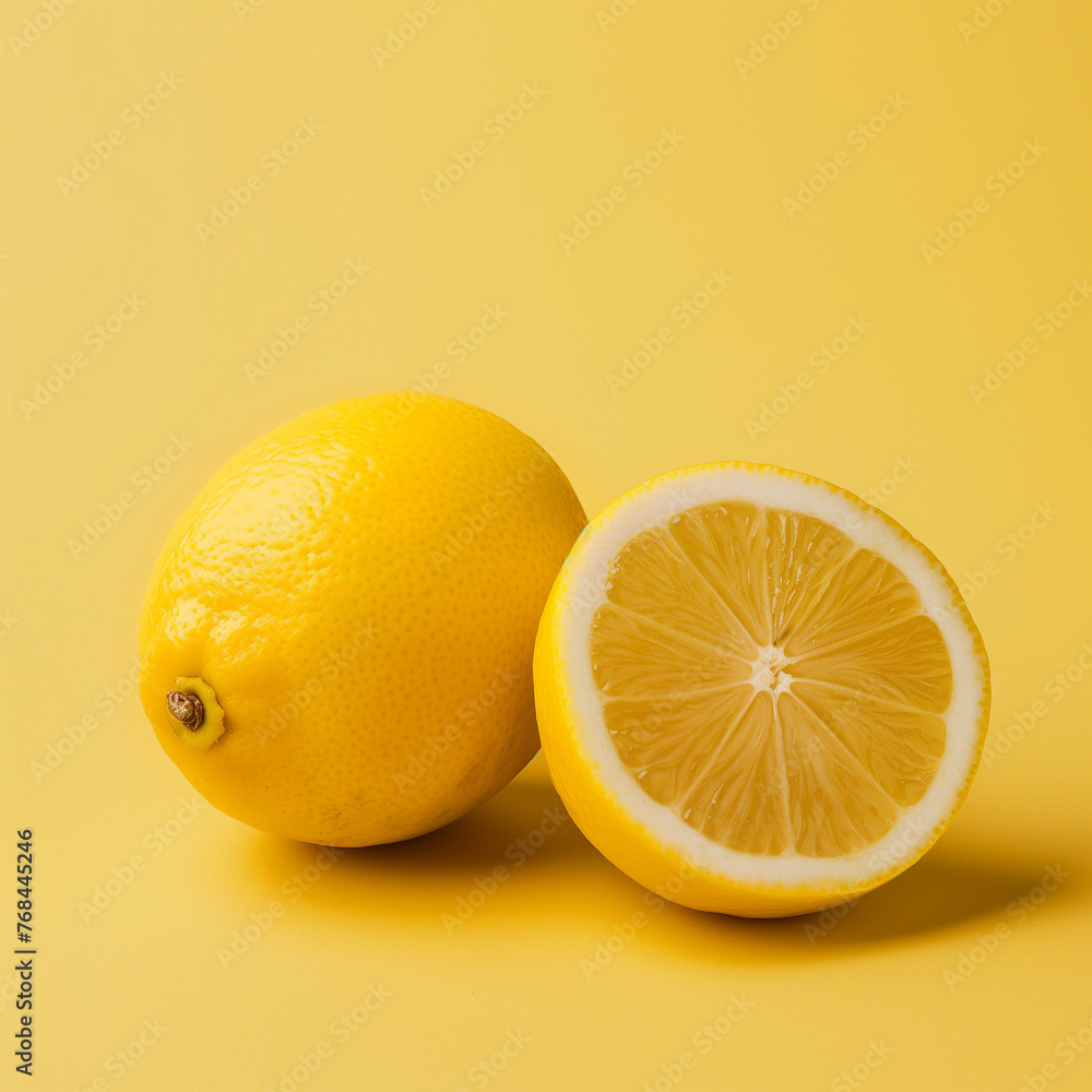 A bright lemon cut in half on a matching yellow backdrop, showcasing vibrant color and juicy texture.