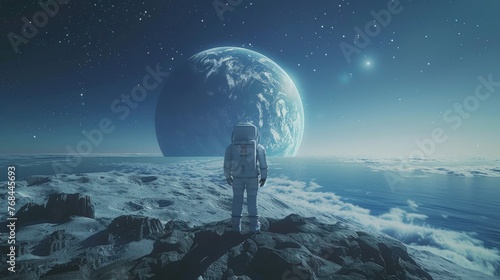 Astronaut Standing on Lunar Surface with Distant Earth View 