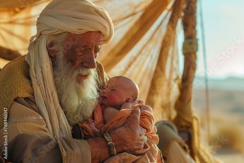 Abraham with his newborn son in a tent. Bible story. photo