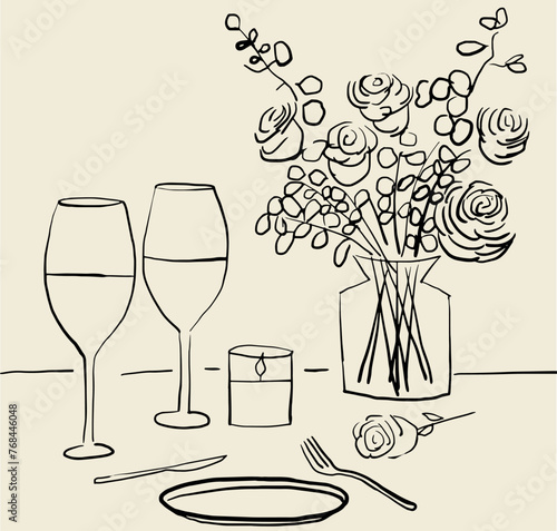 Mesa de cena dibujada a mano. Ilustración vectorial de mesa servida y decorada con flores y velas. Arte en líneas minimalista. Ilustración para invitaciones, papelería, imprimibles, redes sociales