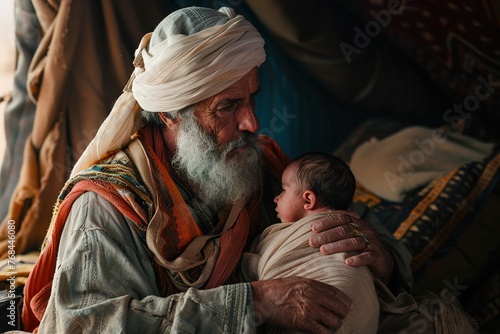 Abraham with his newborn son in a tent. Bible story. photo