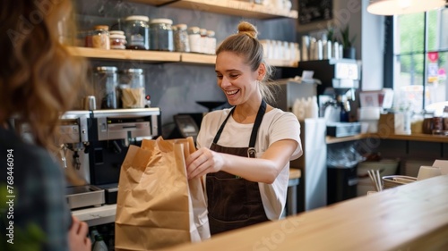 Wallpaper Mural Waitress at counter giving food in paper bag to customer to takeout. Torontodigital.ca
