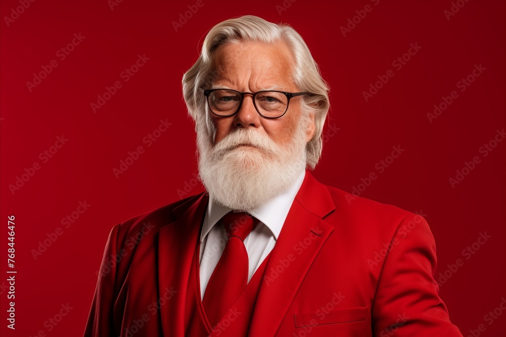 Portrait of senior man in red suit and glasses on red background Portrait of senior man in red suit and glasses on red background