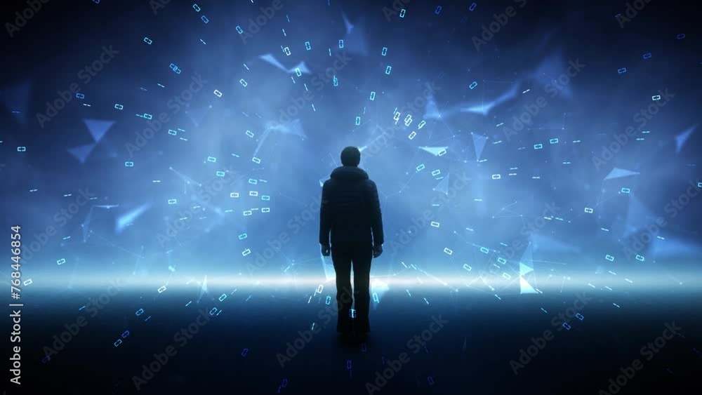Silhouette of a man standing in futuristic digital technology cyberspace network seamless loop animation background. Silhouette of a man standing in futuristic digital technology cyberspace network seamless loop animation background.