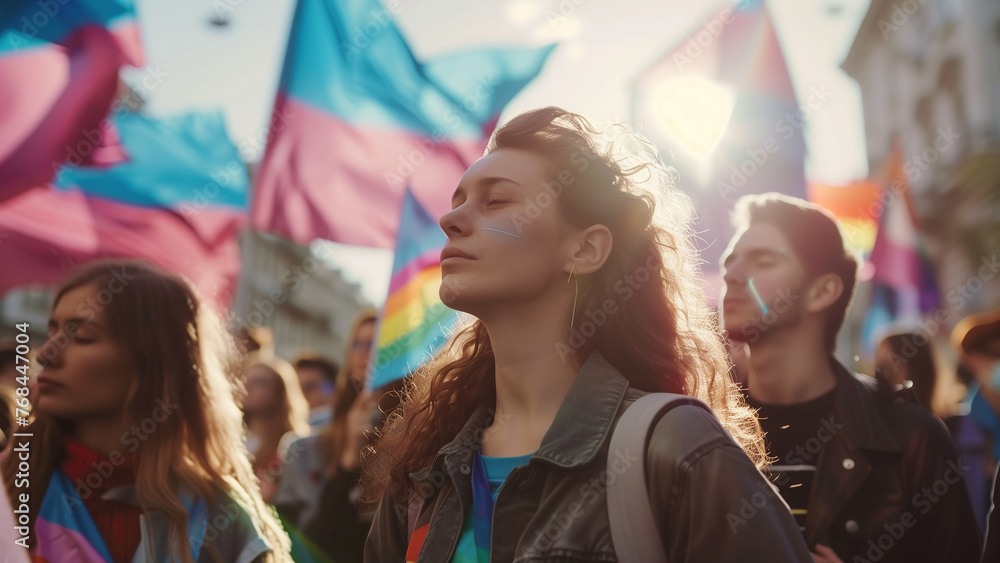 Far Left Wing Protest with Trans and Gay Rights Flags Far Left Wing Protest with Trans and Gay Rights Flags