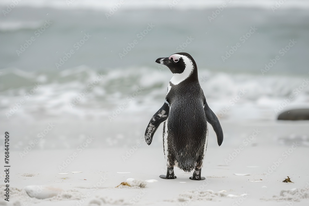 Fototapeta premium Lone penguin standing on a sandy beach. Wildlife in natural habitat. Captivating nature shot perfect for documentaries and posters. AI