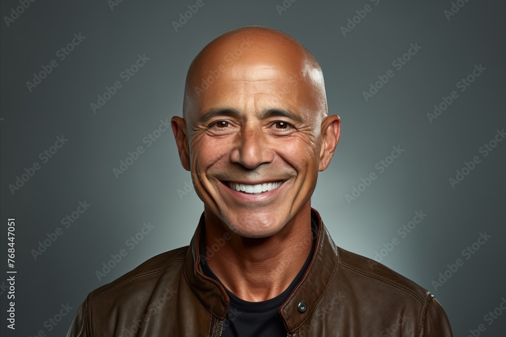 Portrait of a happy mature man in a leather jacket over grey background. Portrait of a happy mature man in a leather jacket over grey background.