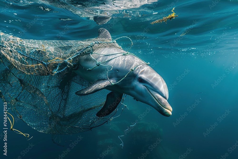 A dolphin caught in a fishing net.	
