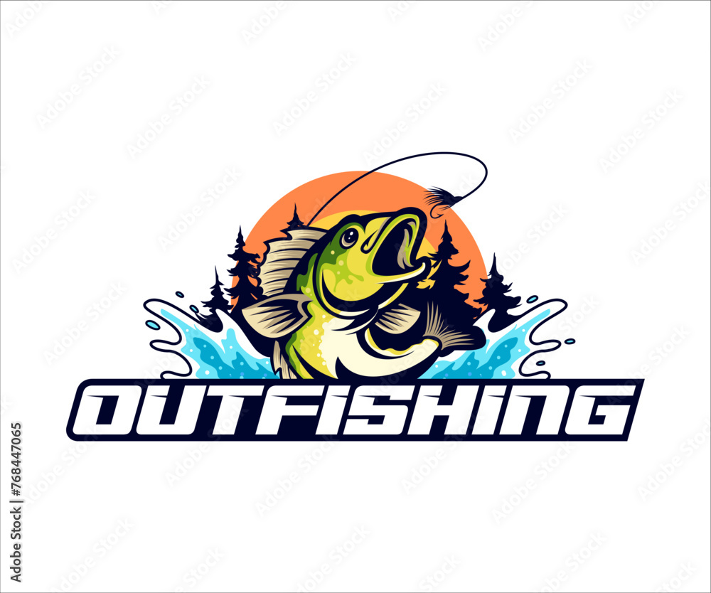 Outdoor Fishing Logo, Unique and Fresh Bass fish jumping out of the water, awesome to use in your fishing sport activity. Outdoor Fishing Logo, Unique and Fresh Bass fish jumping out of the water, awesome to use in your fishing sport activity.