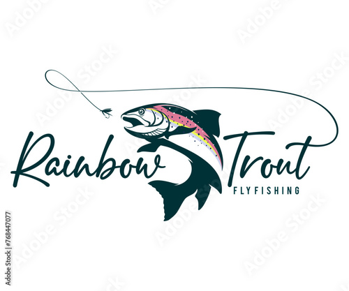 Rainbow Trout logo, Black and White Trout fish jumping out of the water, Great for your rainbow fishing activity.
