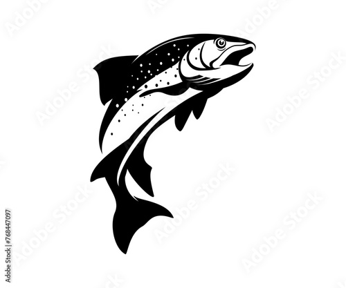 Rainbow Trout logo, Black and White Trout fish jumping out of the water, Great for your rainbow fishing activity.
