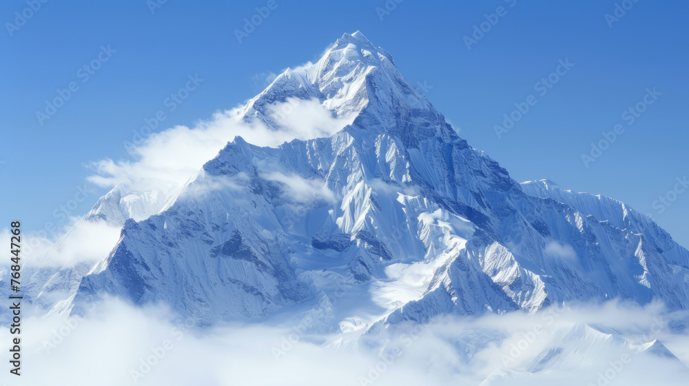 An imposing mountain peak rises majestically, its snow-clad surface gleaming under the bright blue sky