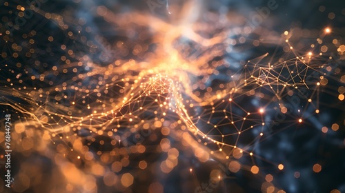 Abstract neural network visualization, digital brain concept image, AI generated. Glowing connections illustrate data flow or synapses. Technology themed background with dynamic lines and nodes. AI