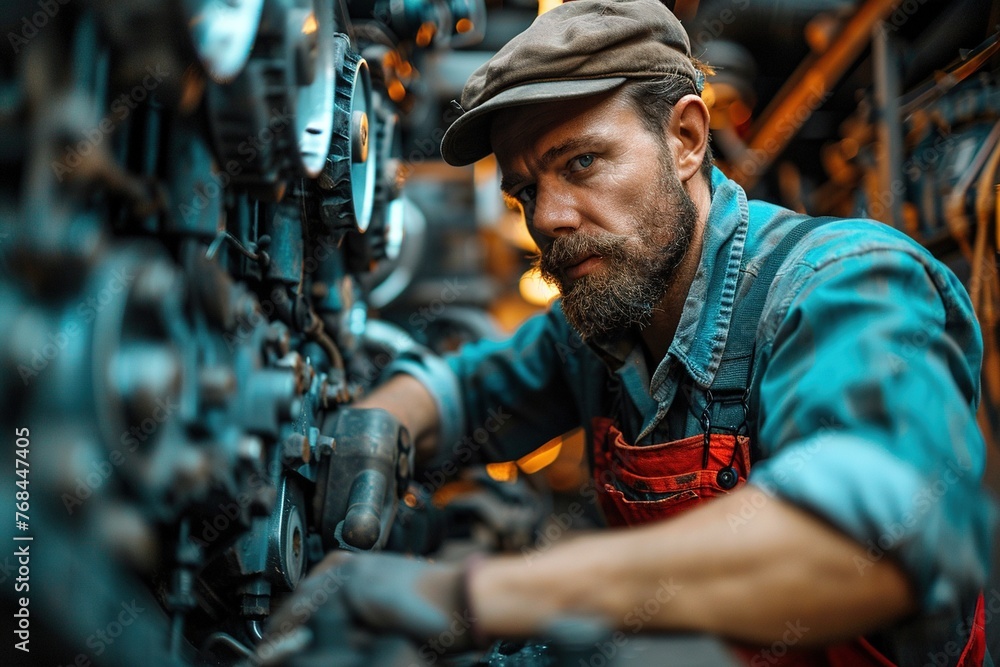 Farmer repairing tractor engine on farm. Farmer repairing tractor engine on farm.