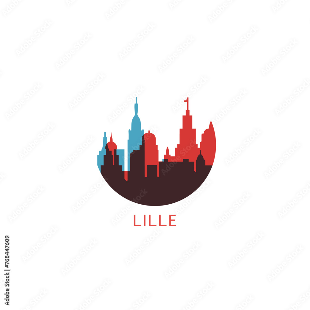 Lille cityscape skyline city panorama vector flat modern logo icon. Belgium emblem idea with landmarks and building silhouettes
