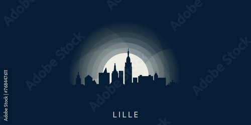 Lille cityscape skyline city panorama vector flat modern banner illustration. France emblem idea with landmarks and building silhouettes at sunrise sunset night