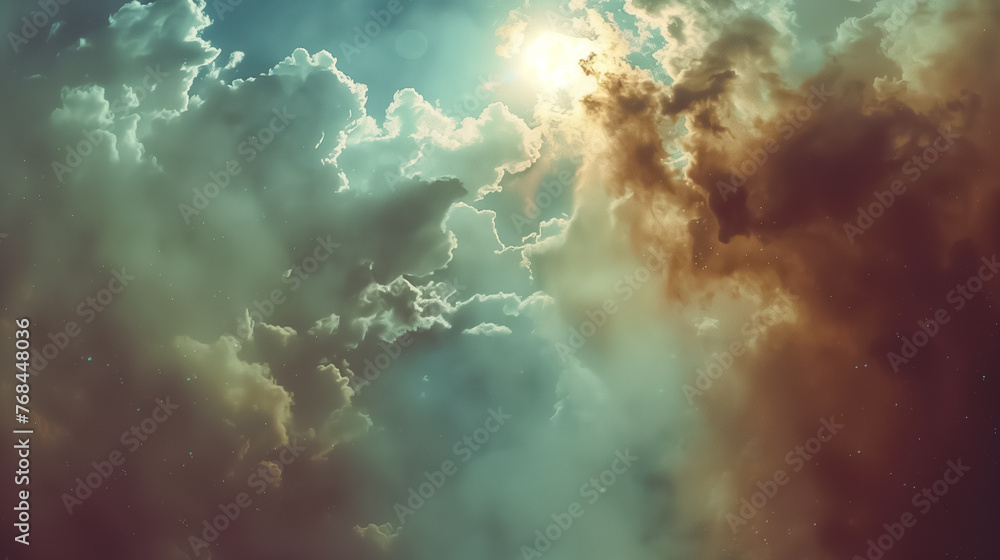 Fototapeta premium The sky is filled with clouds and the sun is shining through them